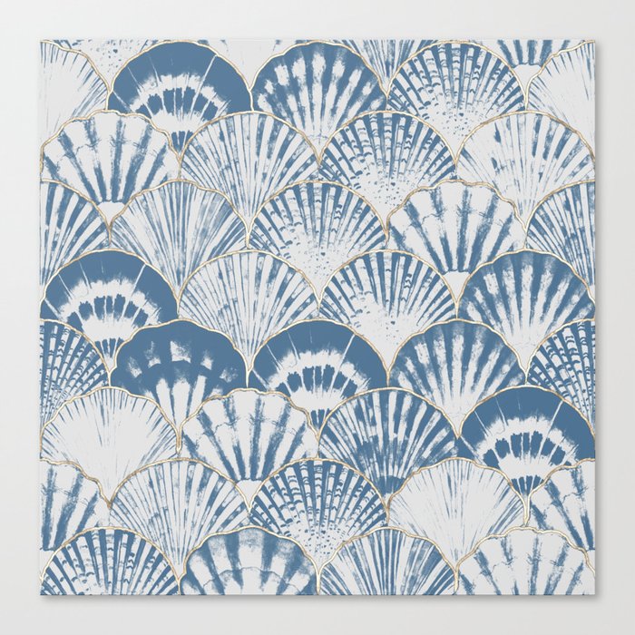 Watercolor sea shell japanese waves seamless pattern. Hand drawn seashells texture iocean background with gold line. Watercolour marine illustration.  Canvas Print
