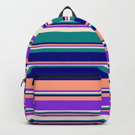 [ Thumbnail: Eyecatching Light Salmon, Purple, Beige, Dark Cyan & Blue Colored Lined/Striped Pattern Backpack ]