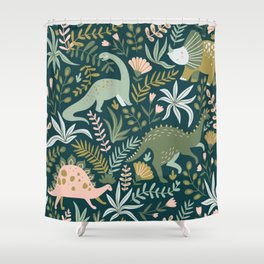Dinosaurs with tropical leaves and flowers. Cute dino hand drawn illustration pattern. Cute dino design. Shower Curtain