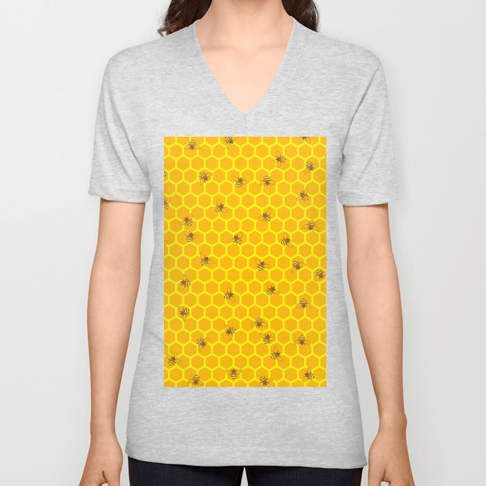 Mind Your Own Beeswax / Bright honeycomb and bee pattern V Neck T Shirt