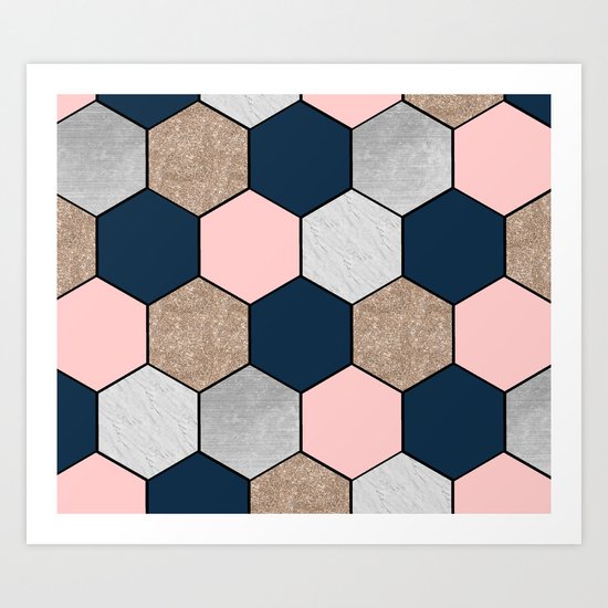 Navy and peach marble and foil hexagons Art Print