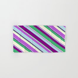 [ Thumbnail: Eye-catching Orchid, Powder Blue, Purple, Sea Green & Beige Colored Stripes/Lines Pattern Hand & Bath Towel ]
