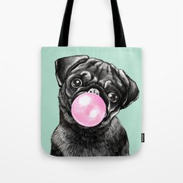 Bubble Gum Black Pug in Green Tote Bag