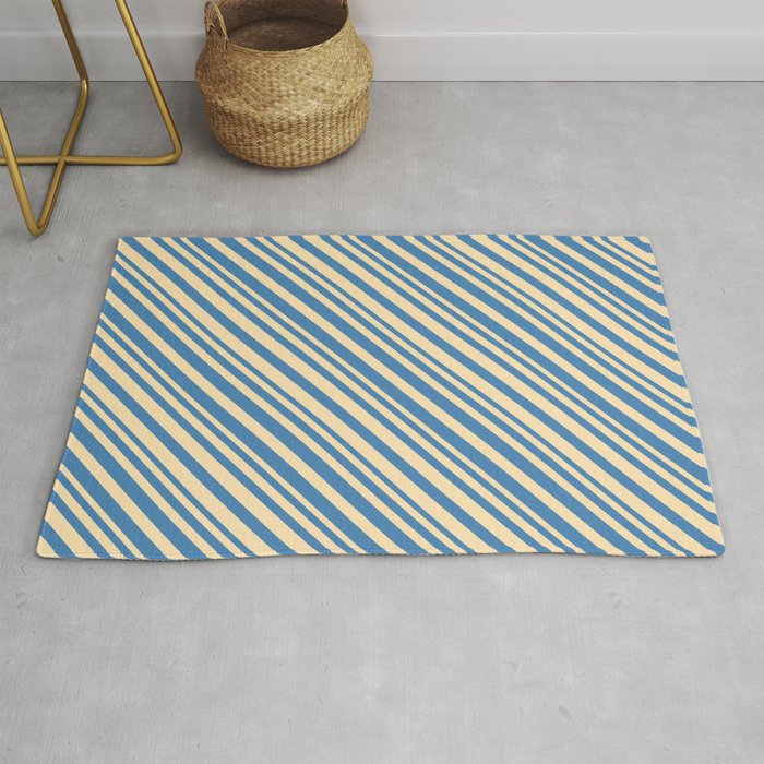 Beige & Blue Colored Lined/Striped Pattern Rug