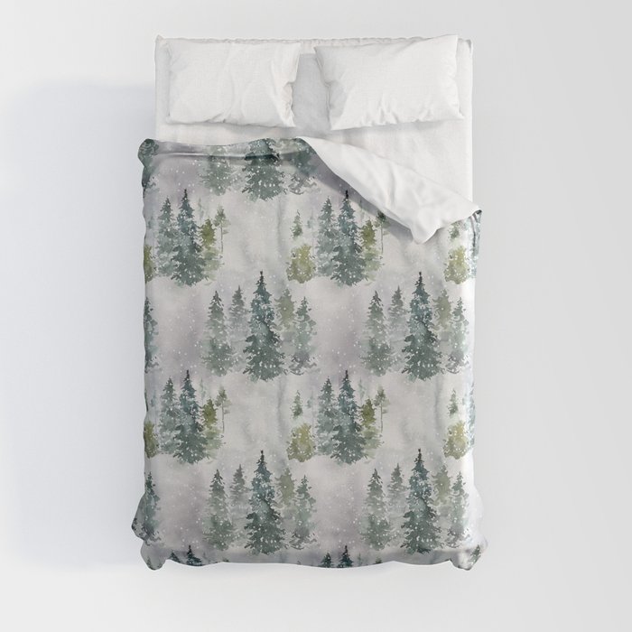 Watercolor forest green snow Christmas pine tree Duvet Cover
