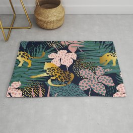 Exotic Golden Jungle Leopard & Pink Palm Leaf Geometric Pattern Area & Throw Rug