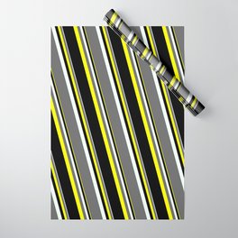 [ Thumbnail: Mint Cream, Dim Gray, Yellow, and Black Colored Stripes Pattern Wrapping Paper ]