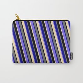 [ Thumbnail: Vibrant Dim Grey, Dark Blue, Medium Slate Blue, Tan & Black Colored Striped Pattern Carry-All Pouch ]