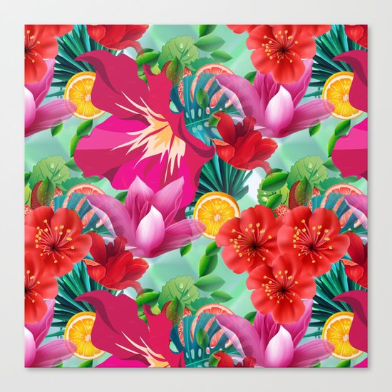 Tropical Summer Flower And Fruit Pattern Canvas Print