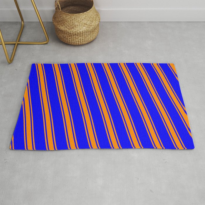 Blue and Dark Orange Colored Lined/Striped Pattern Rug