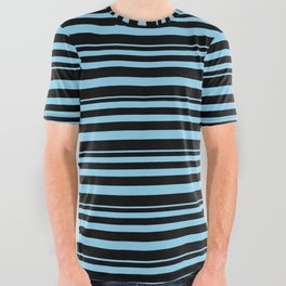 [ Thumbnail: Sky Blue & Black Colored Striped Pattern All Over Graphic Tee ]