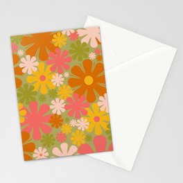 Retro 60s 70s Aesthetic Floral Pattern in Green Pink Yellow Orange Stationery Card