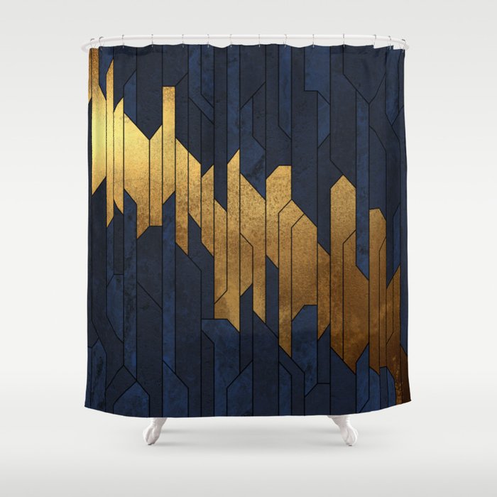 Navy Blue and Gold Abstract Spires Shower Curtain