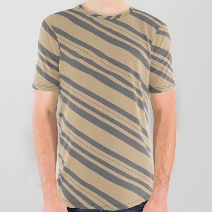 Tan & Dim Gray Colored Lined/Striped Pattern All Over Graphic Tee