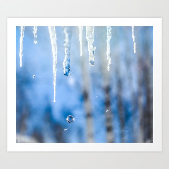 Icicles and drops in a birch grove Art Print