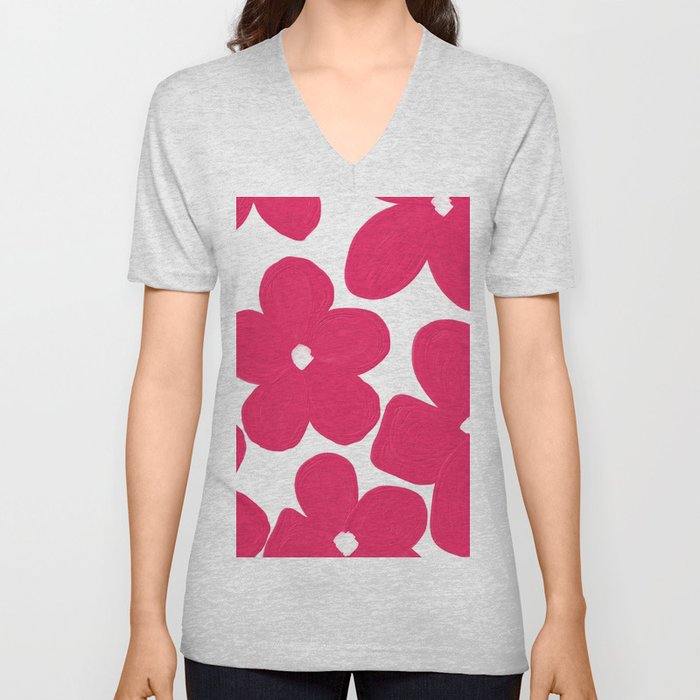 Bold Pink Flowers (Hand Painted) V Neck T Shirt