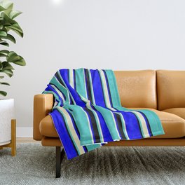 [ Thumbnail: Blue, Light Yellow, Turquoise, and Black Colored Striped/Lined Pattern Throw Blanket ]