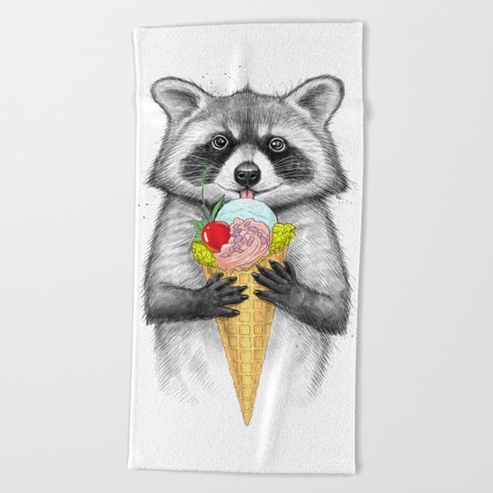 raccoon with ice cream Beach Towel
