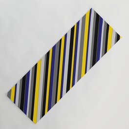 [ Thumbnail: Vibrant Light Gray, Dim Gray, Black, Yellow, and Midnight Blue Colored Stripes Pattern Yoga Mat ]
