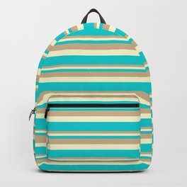 [ Thumbnail: Tan, Light Yellow, and Dark Turquoise Colored Lined Pattern Backpack ]