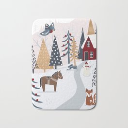 Winter Wonderland Bath Mat | Nordic, Pony, Painting, Trees, Bunny, Fox, Xmas, Holiday, Graphicdesign, Forest 