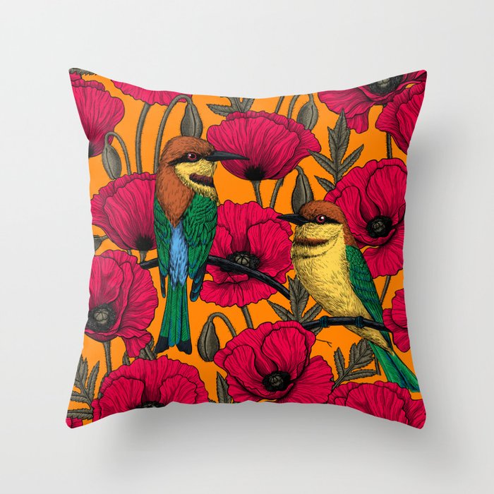 Bee eaters and poppies on orange Throw Pillow