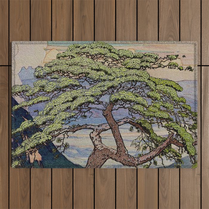 The Downwards Climbing - Summer Tree & Mountain Ukiyoe Nature Landscape in Green Outdoor Rug