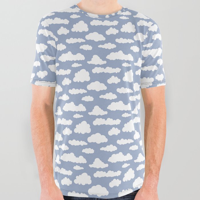 Sunny Summer Sky: White Cartoon Clouds in a Blue Sky Pattern All Over Graphic Tee