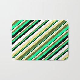 [ Thumbnail: Eyecatching Tan, Dark Olive Green, Green, Black, and White Colored Lines/Stripes Pattern Bath Mat ]
