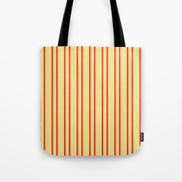[ Thumbnail: Tan, Red, and Dark Salmon Colored Pattern of Stripes Tote Bag ]