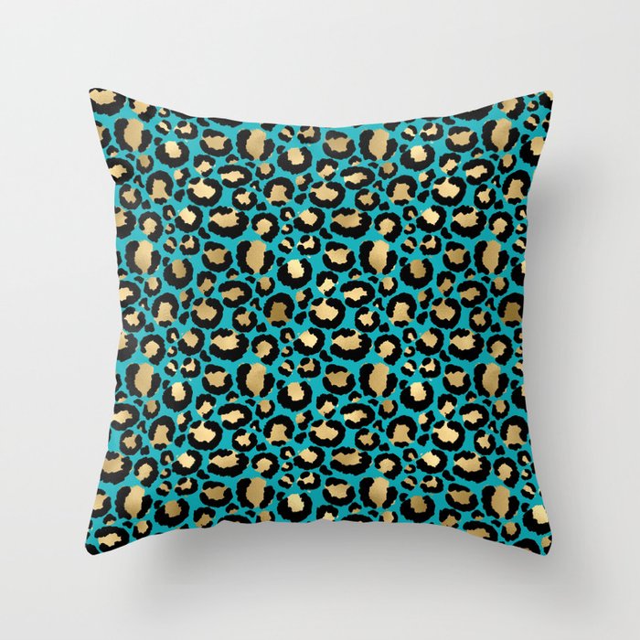 Beautiful Teal & Gold Leopard Print Pattern Throw Pillow