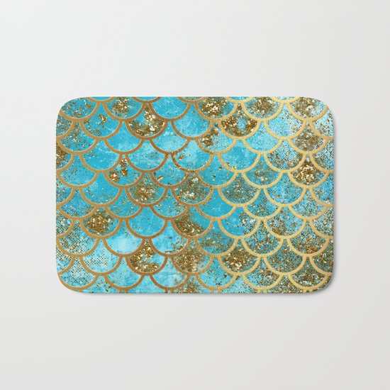 Aqua Teal and Gold Glitter MermaidScales - Mermaid Scales and Sea Foam Bath Mat