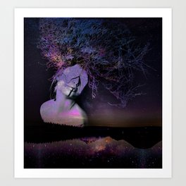 crying mother nature with starry sky and lake  Art Print | Branches, Kalipinna, Earth, Photo, Galaxy, Sky, Surrealism, Starry, Landscape, Digital 