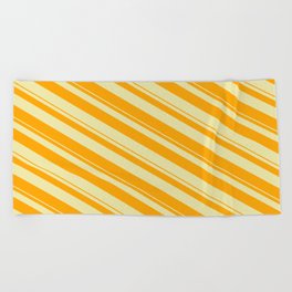 [ Thumbnail: Pale Goldenrod & Orange Colored Pattern of Stripes Beach Towel ]