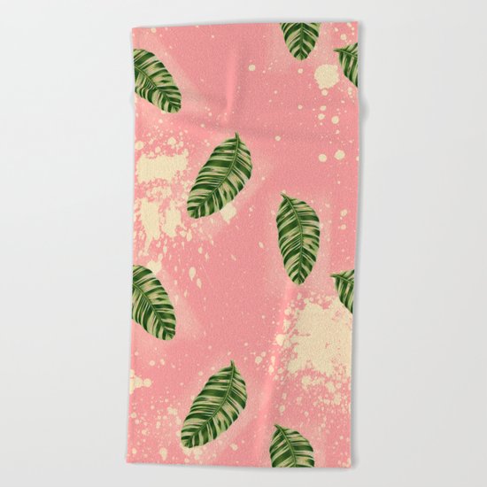 Botanical Leaves Of Pink Beach Towel