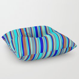[ Thumbnail: Colorful Aquamarine, Slate Gray, Cyan, Blue & Sienna Colored Striped/Lined Pattern Floor Pillow ]