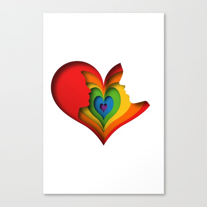 Paper cut gay couple in love illustration with LGBT flag colors  Canvas Print