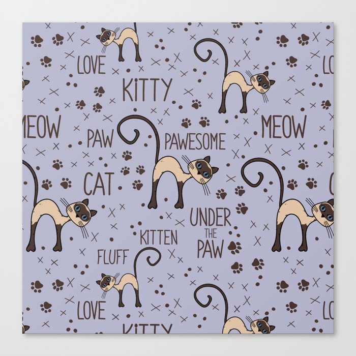 Adorable Siamese cat pattern with lettering Canvas Print