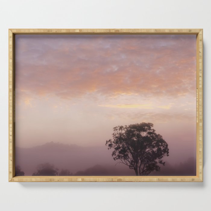 /// Bubble gum mornings /// Landscape photography of early morning tree in the fog at sunrise, NSW Australia Serving Tray
