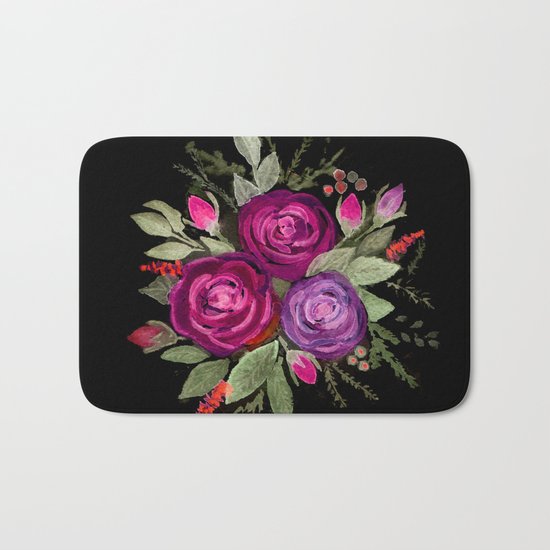 Purple roses on a black background. Watercolor . Bath Mat