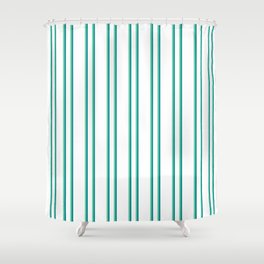 [ Thumbnail: White, Aquamarine, and Dark Cyan Colored Lined Pattern Shower Curtain ]