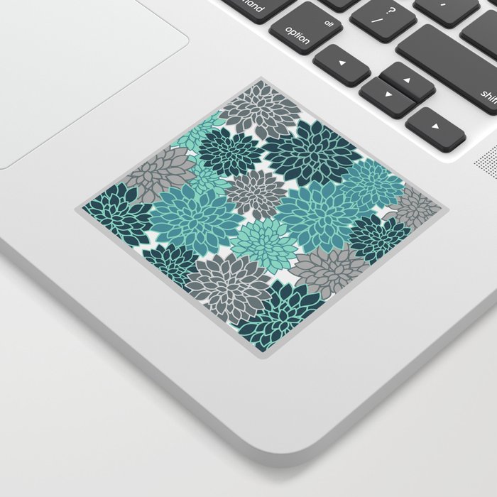 Dahlia Floral Blooms in Teal and Gray Sticker