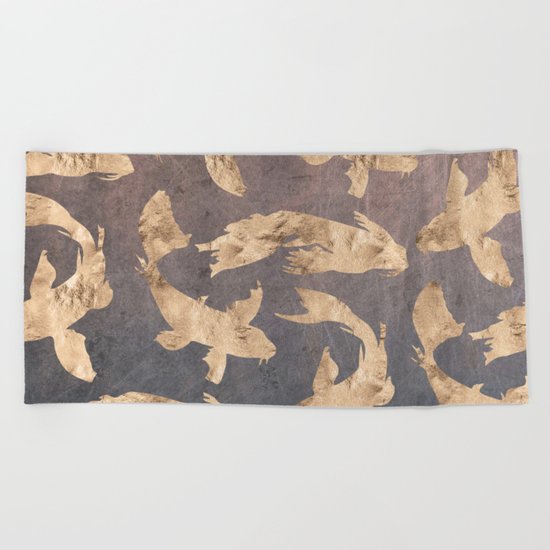 Koi at dusk - scratched leather Beach Towel