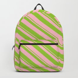 [ Thumbnail: Green & Pink Colored Stripes Pattern Backpack ]