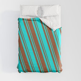[ Thumbnail: Sienna & Cyan Colored Striped/Lined Pattern Duvet Cover ]