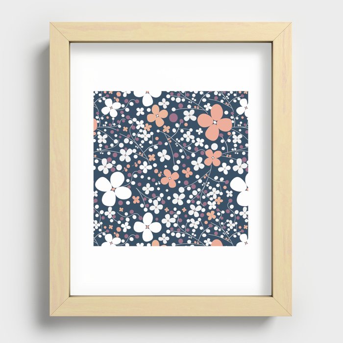 Kaori Japanese small flowers pattern design on dark background Recessed Framed Print