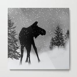 Moose in snow Metal Print | Nordic, Snowstorm, Christmas, Painting, Snow, Black And White, Forest, Elk, Animal, Winter 
