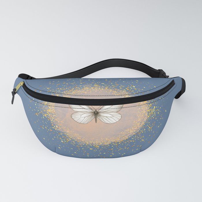 Hand-Drawn Butterfly and Gold Circle Frame on Slate Blue Fanny Pack