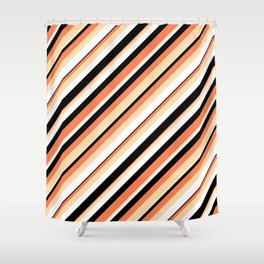 [ Thumbnail: Coral, Tan, White & Black Colored Lines/Stripes Pattern Shower Curtain ]