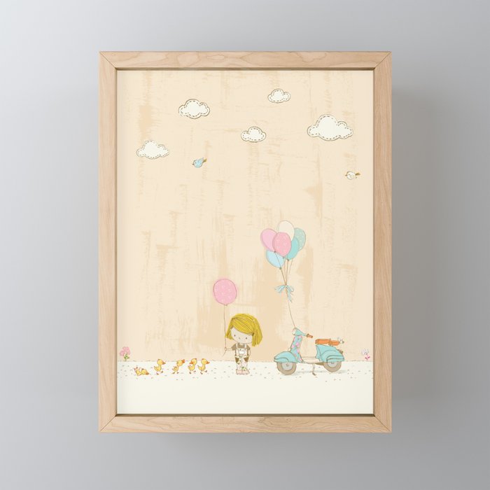 Summer Scene - Girl and Ducklings - Nursery Art Framed Mini Art Print
